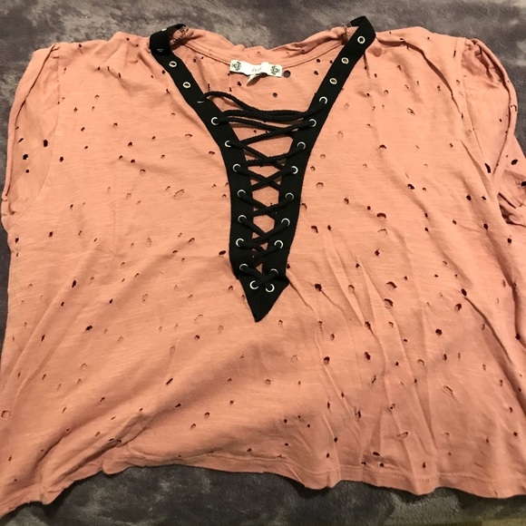 dark pink/purple cut out shirt with laced front. - Picture 2 of 3